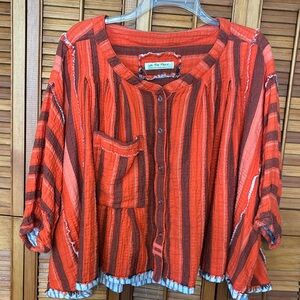 We The Free Oversized Cropped Front Button Orange Black White Gauze Top Sz M